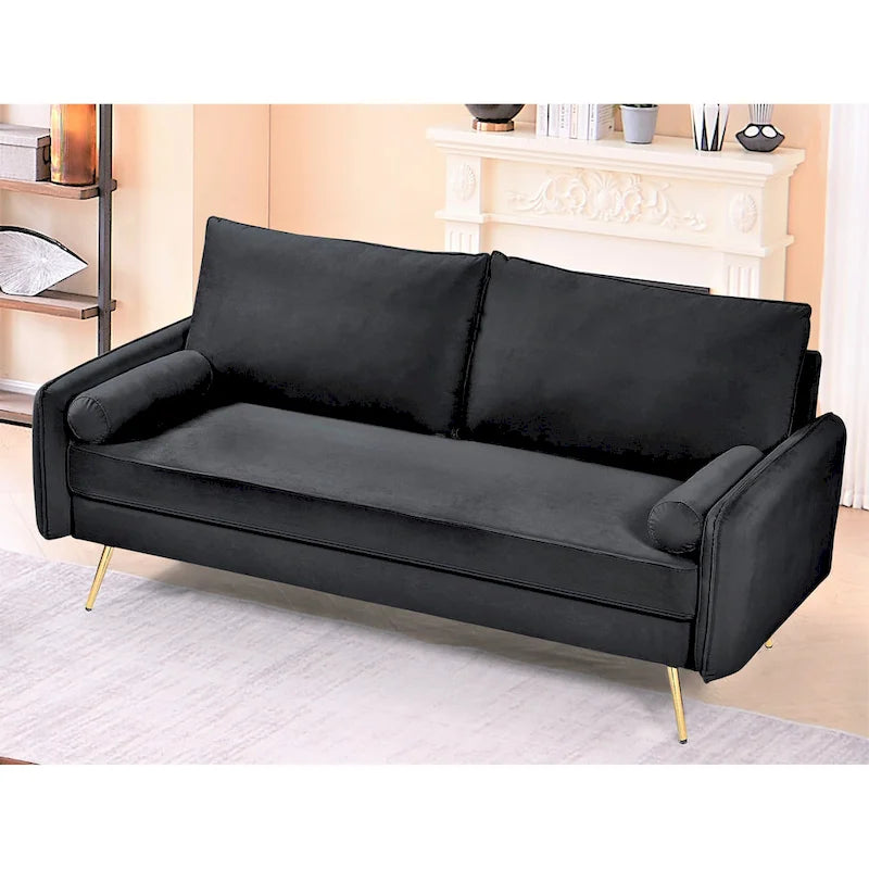 70-Inch Velvet Sofa with Square Arms & Gold Metal Legs – European Modern Style