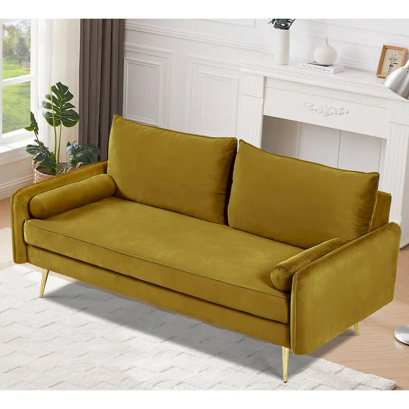 70-Inch Velvet Sofa with Square Arms & Gold Metal Legs – European Modern Style