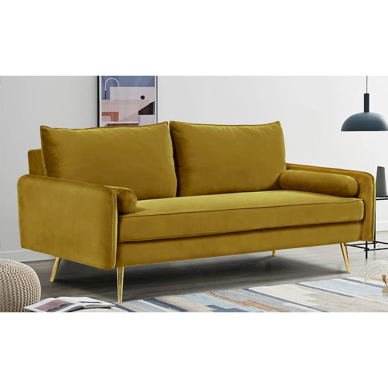 70-Inch Velvet Sofa with Square Arms & Gold Metal Legs – European Modern Style