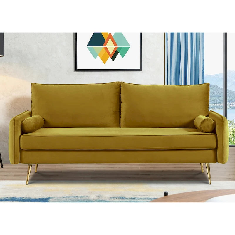 70-Inch Velvet Sofa with Square Arms & Gold Metal Legs – European Modern Style