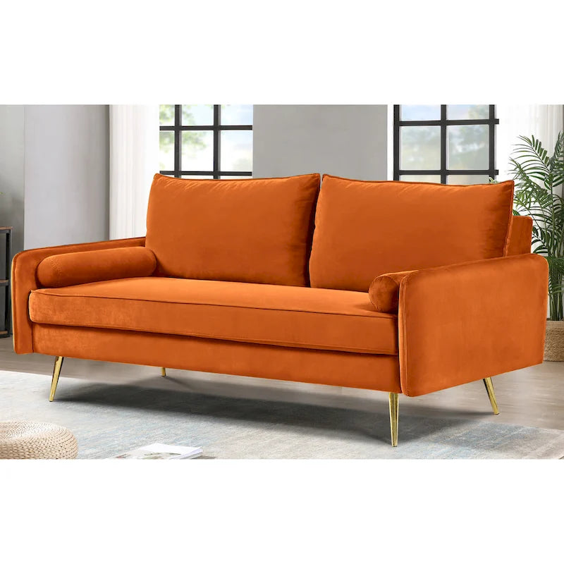 70-Inch Velvet Sofa with Square Arms & Gold Metal Legs – European Modern Style