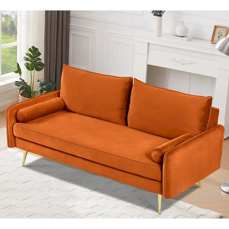 70-Inch Velvet Sofa with Square Arms & Gold Metal Legs – European Modern Style