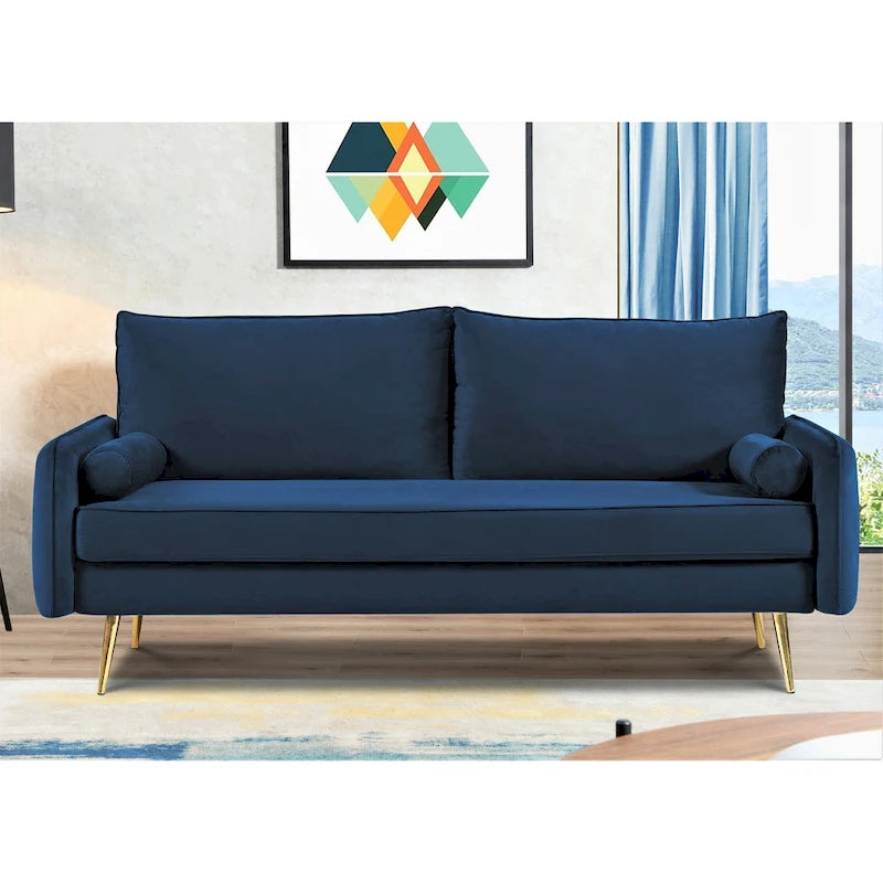 70-Inch Velvet Sofa with Square Arms & Gold Metal Legs – European Modern Style