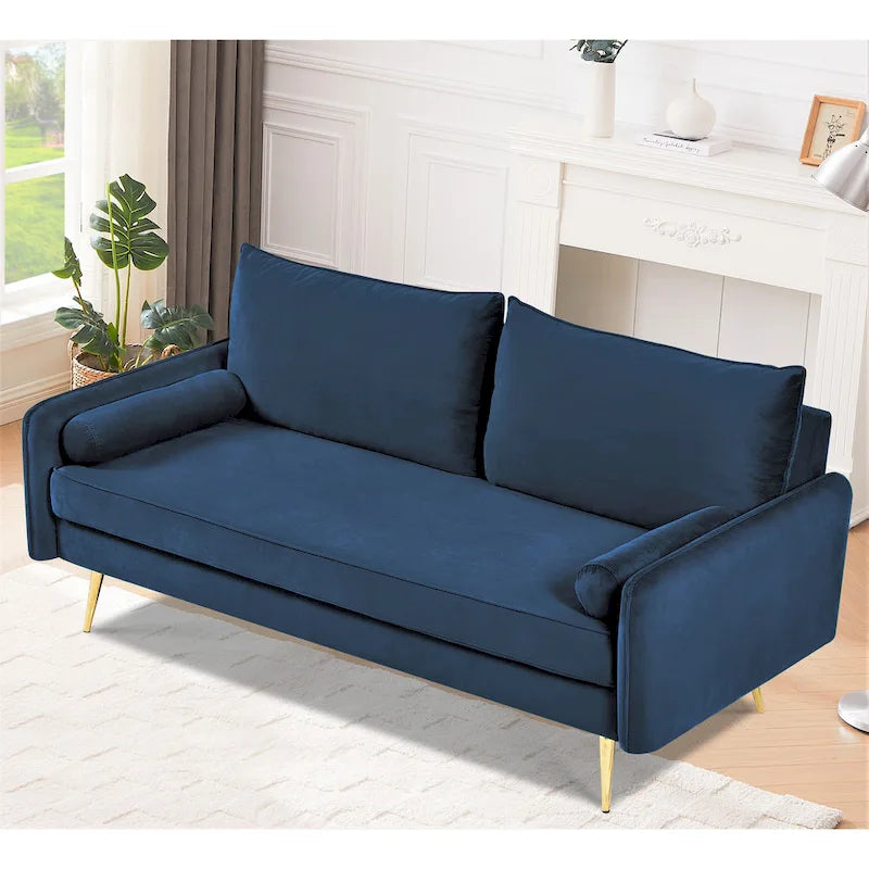 70-Inch Velvet Sofa with Square Arms & Gold Metal Legs – European Modern Style