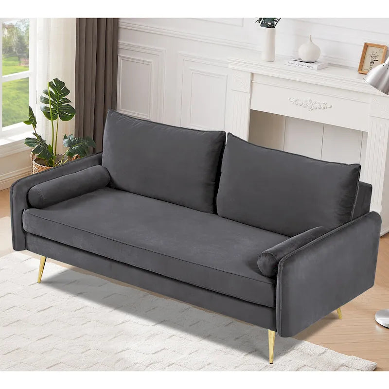 70-Inch Velvet Sofa with Square Arms & Gold Metal Legs – European Modern Style
