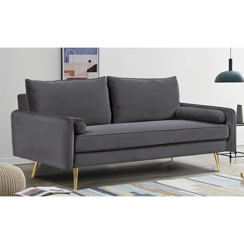 70-Inch Velvet Sofa with Square Arms & Gold Metal Legs – European Modern Style