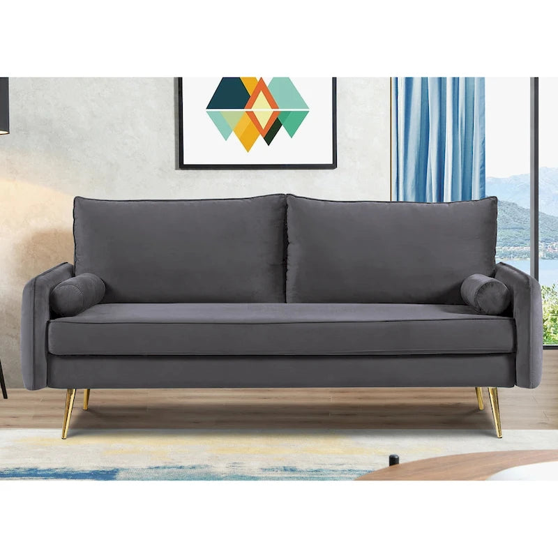 70-Inch Velvet Sofa with Square Arms & Gold Metal Legs – European Modern Style