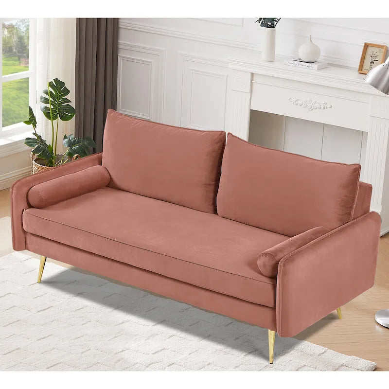 70-Inch Velvet Sofa with Square Arms & Gold Metal Legs – European Modern Style