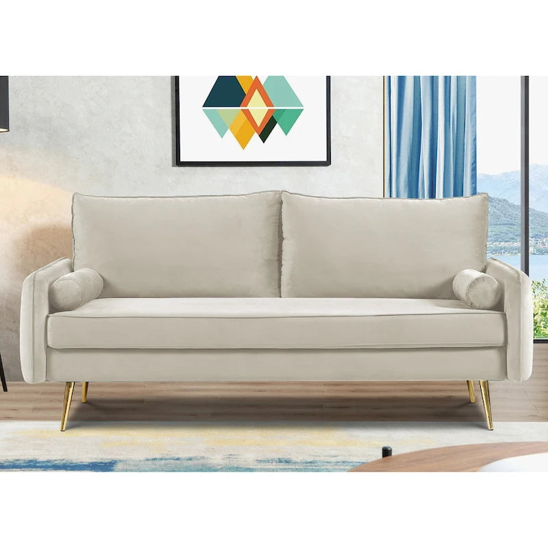 70-Inch Velvet Sofa with Square Arms & Gold Metal Legs – European Modern Style