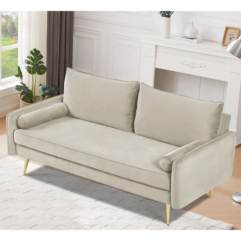 70-Inch Velvet Sofa with Square Arms & Gold Metal Legs – European Modern Style