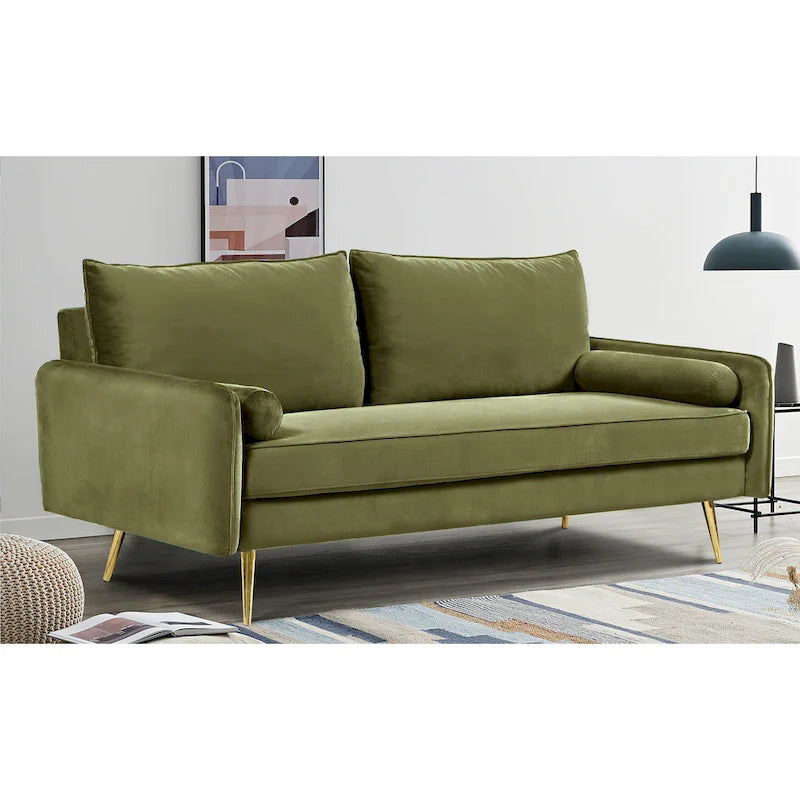 70-Inch Velvet Sofa with Square Arms & Gold Metal Legs – European Modern Style