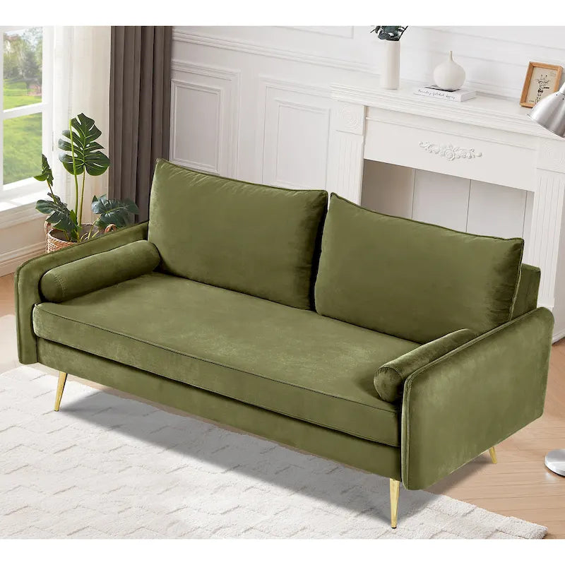 70-Inch Velvet Sofa with Square Arms & Gold Metal Legs – European Modern Style
