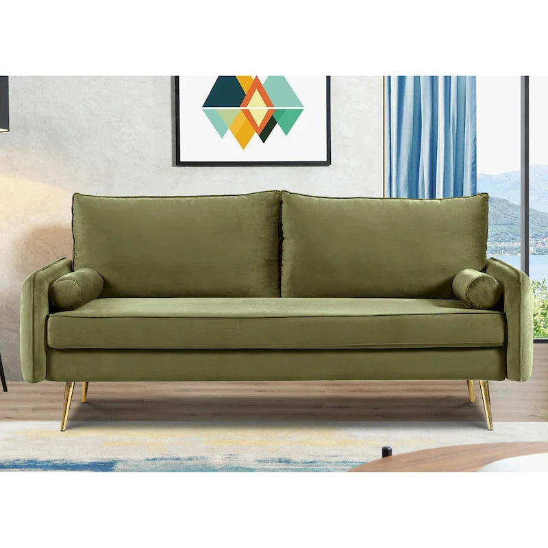 70-Inch Velvet Sofa with Square Arms & Gold Metal Legs – European Modern Style
