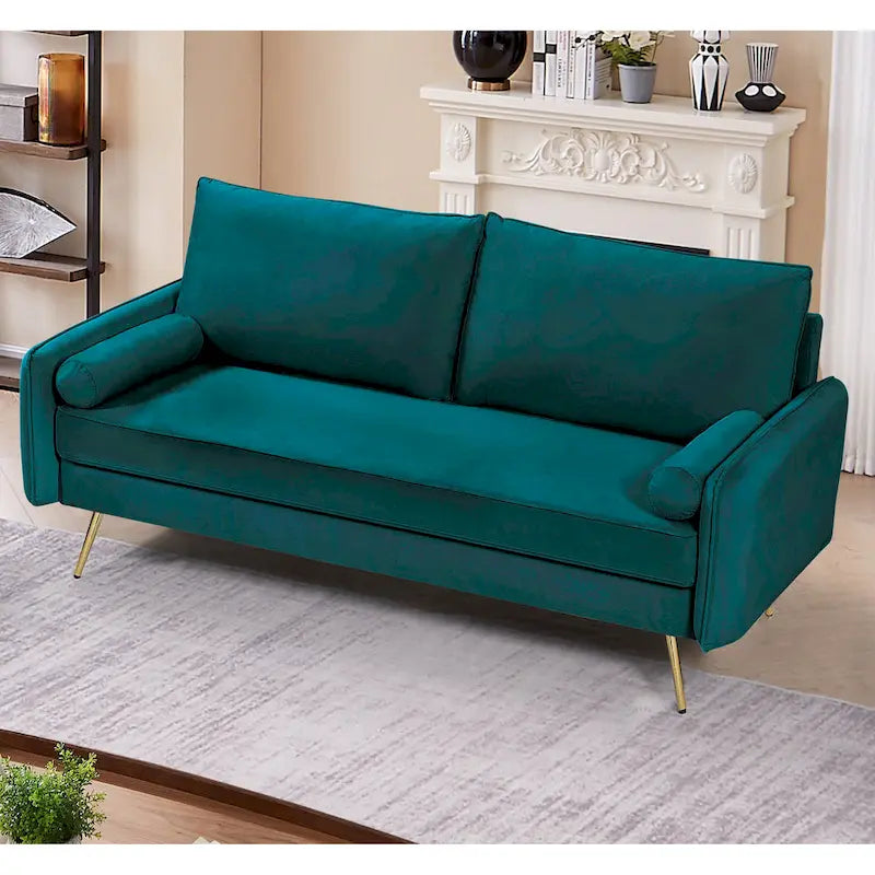 70-Inch Velvet Sofa with Square Arms & Gold Metal Legs – European Modern Style