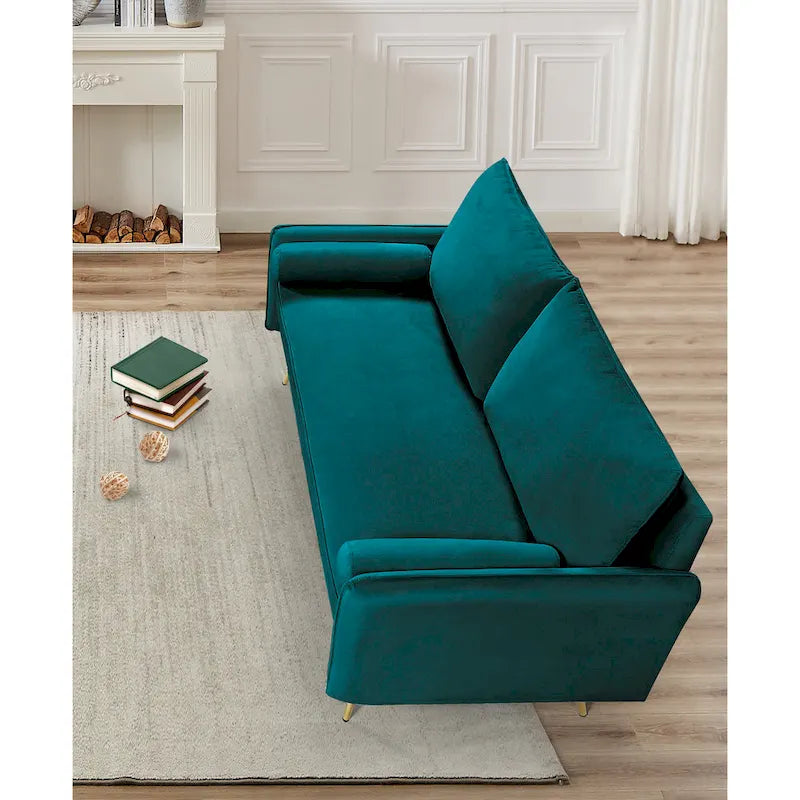 70-Inch Velvet Sofa with Square Arms & Gold Metal Legs – European Modern Style