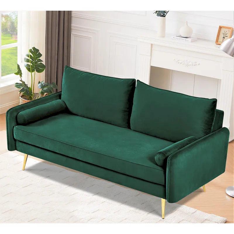 70-Inch Velvet Sofa with Square Arms & Gold Metal Legs – European Modern Style