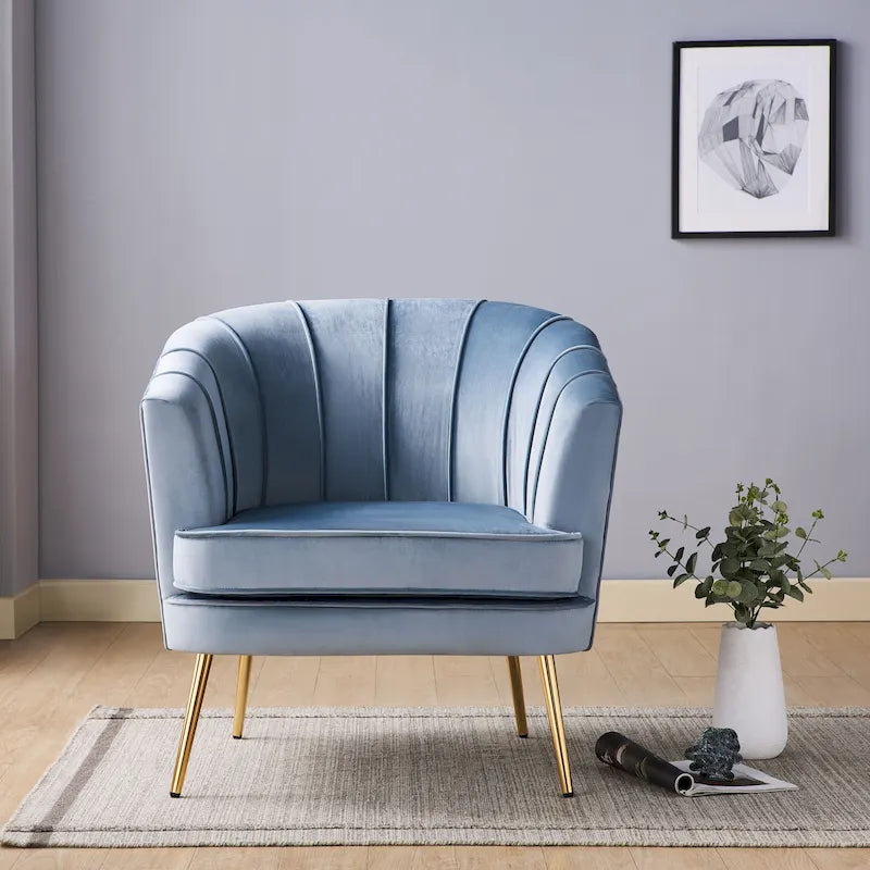 Velvet Barrel Accent Chair with Channel-Stitched Back & Gold Metal Legs