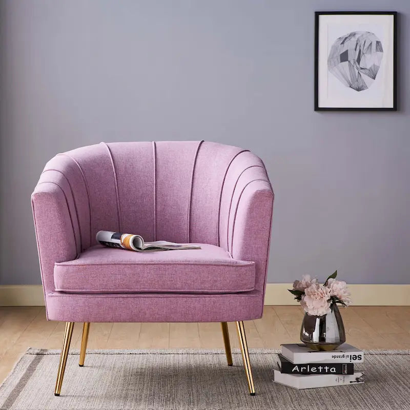 Velvet Barrel Accent Chair with Channel-Stitched Back & Gold Metal Legs