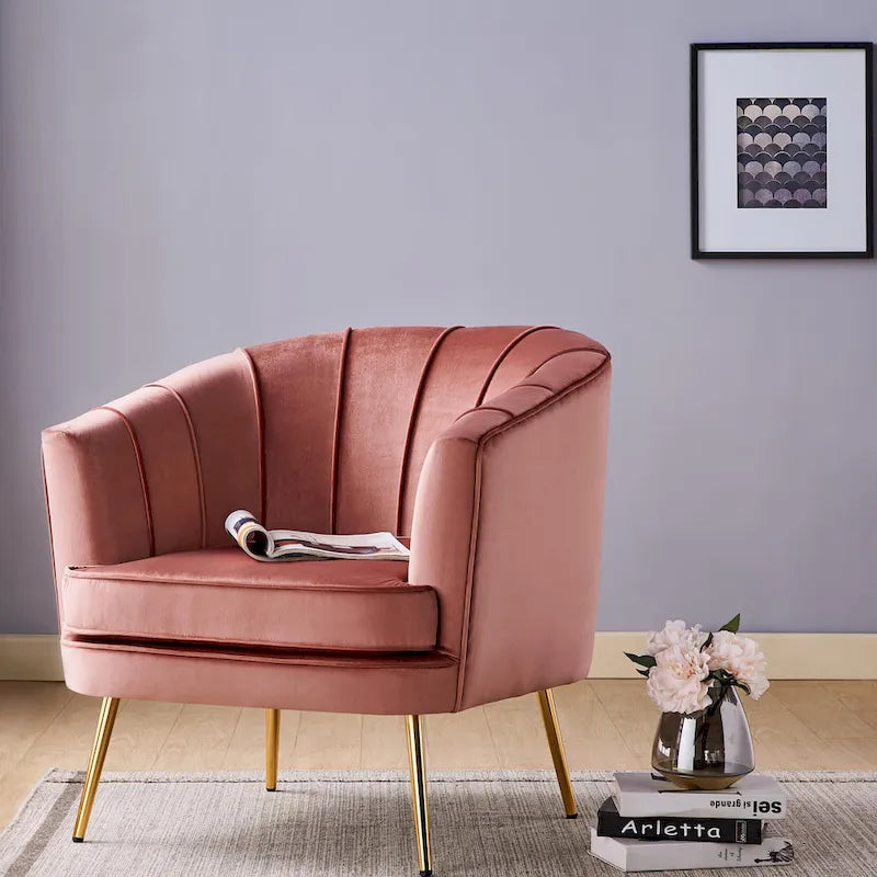 Velvet Barrel Accent Chair with Channel-Stitched Back & Gold Metal Legs