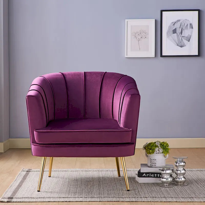 Velvet Barrel Accent Chair with Channel-Stitched Back & Gold Metal Legs