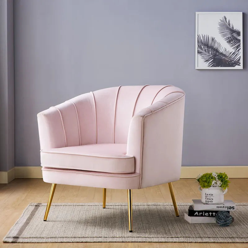 Velvet Barrel Accent Chair with Channel-Stitched Back & Gold Metal Legs