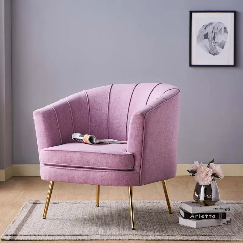 Velvet Barrel Accent Chair with Channel-Stitched Back & Gold Metal Legs
