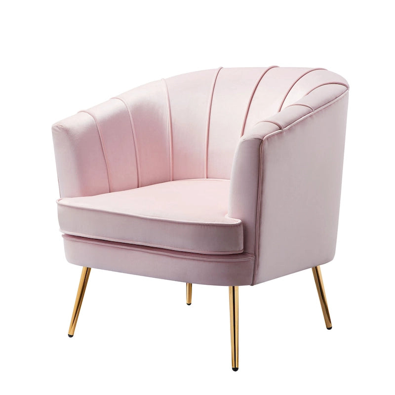 Velvet Barrel Accent Chair with Channel-Stitched Back & Gold Metal Legs