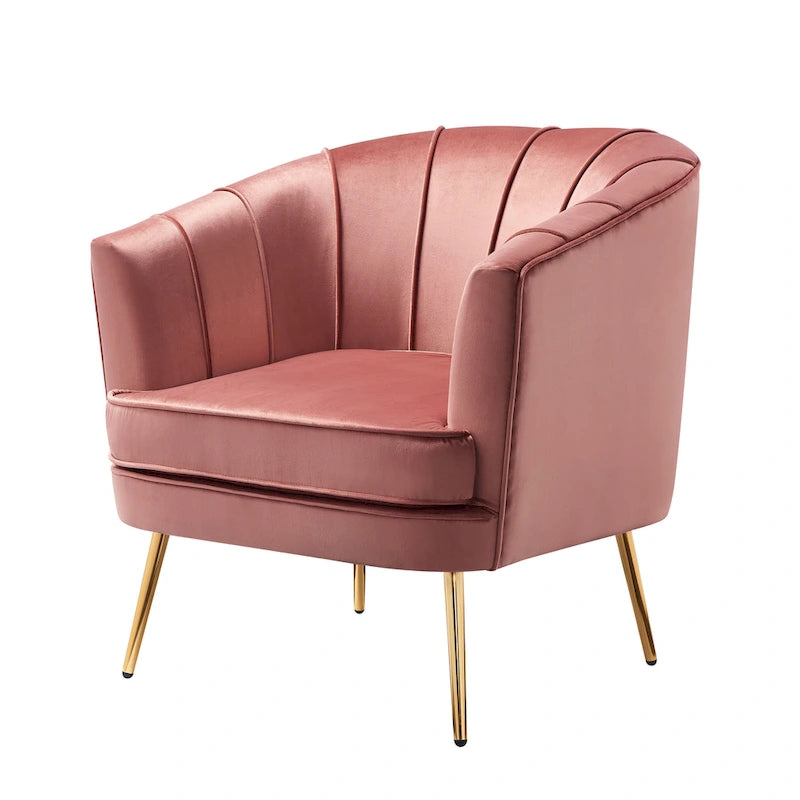 Velvet Barrel Accent Chair with Channel-Stitched Back & Gold Metal Legs