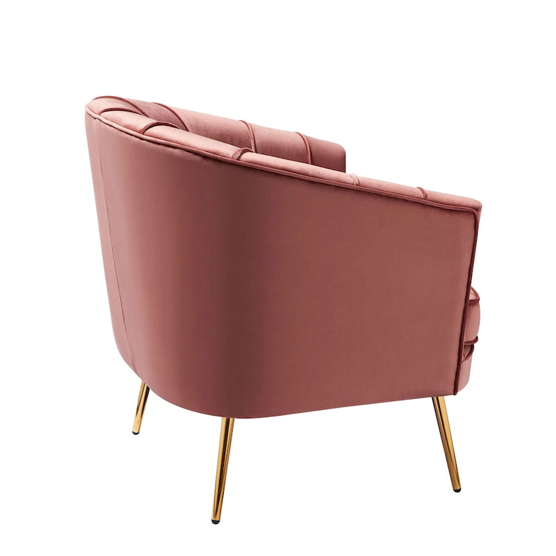 Velvet Barrel Accent Chair with Channel-Stitched Back & Gold Metal Legs
