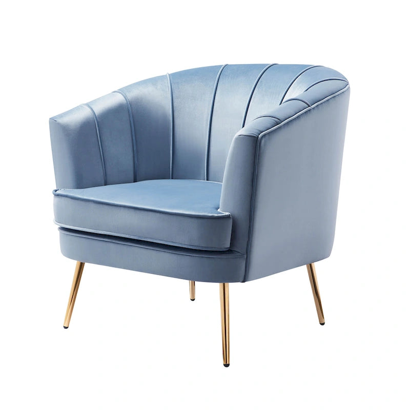 Velvet Barrel Accent Chair with Channel-Stitched Back & Gold Metal Legs