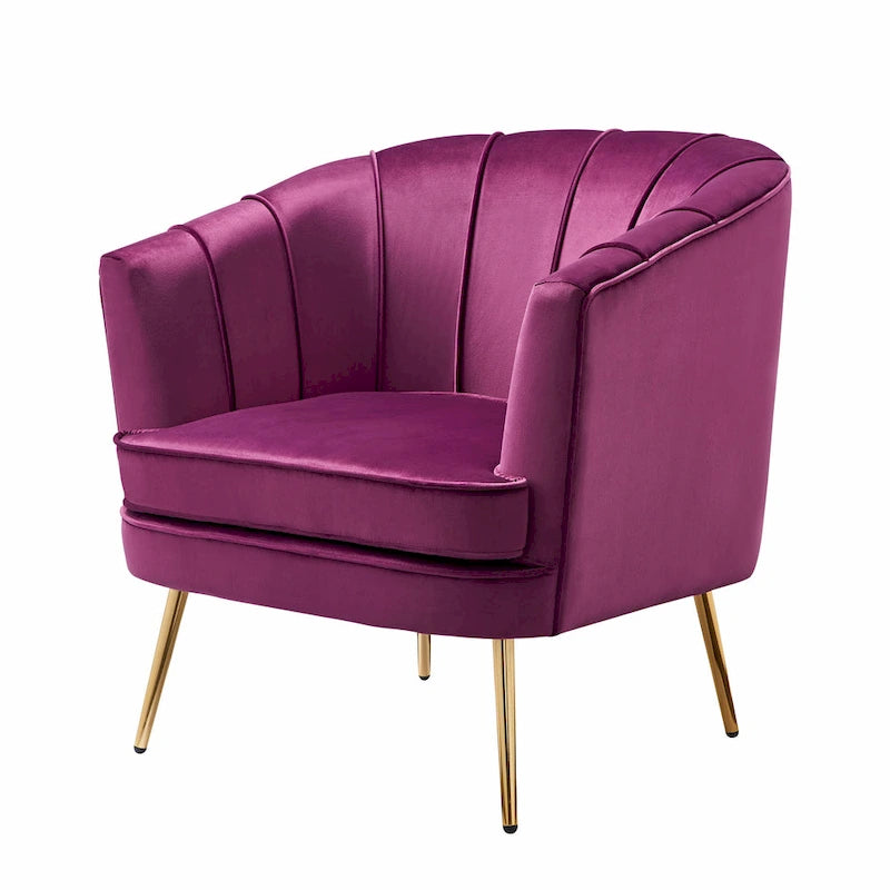 Velvet Barrel Accent Chair with Channel-Stitched Back & Gold Metal Legs