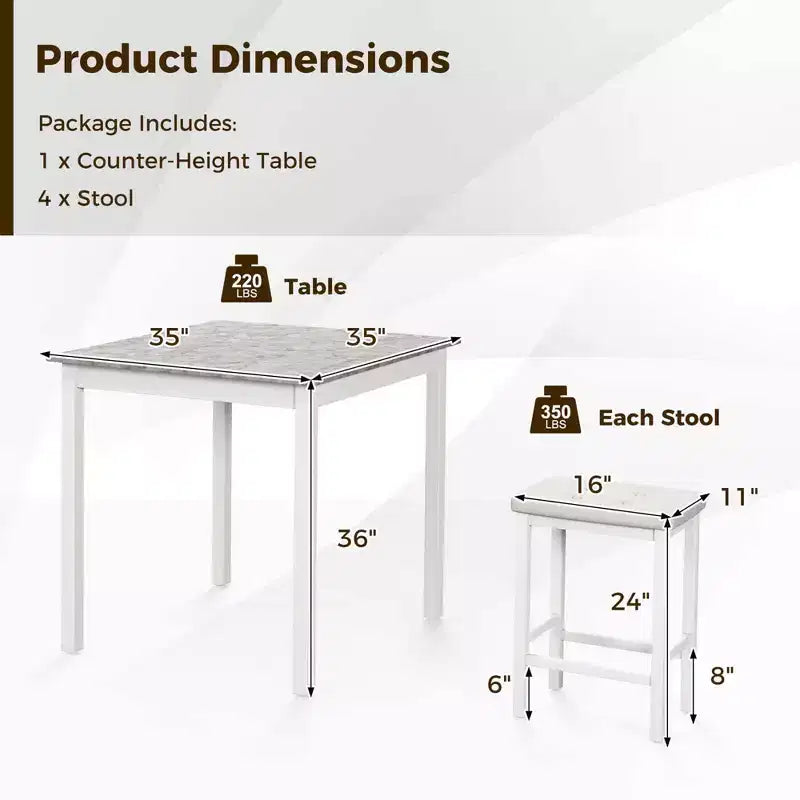 Costway 5 PCS Bar Table Set Square Dining Table & 4 PVC Leather Upholstered Bar Stools Brown/White