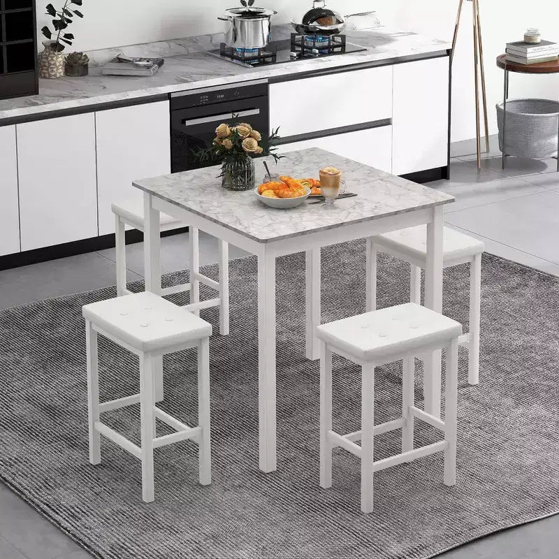 Costway 5 PCS Bar Table Set Square Dining Table & 4 PVC Leather Upholstered Bar Stools Brown/White