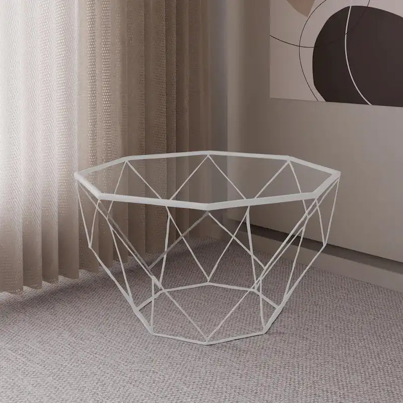 Octagon Coffee Table with Tempered Glass Top & Geometric Metal Base