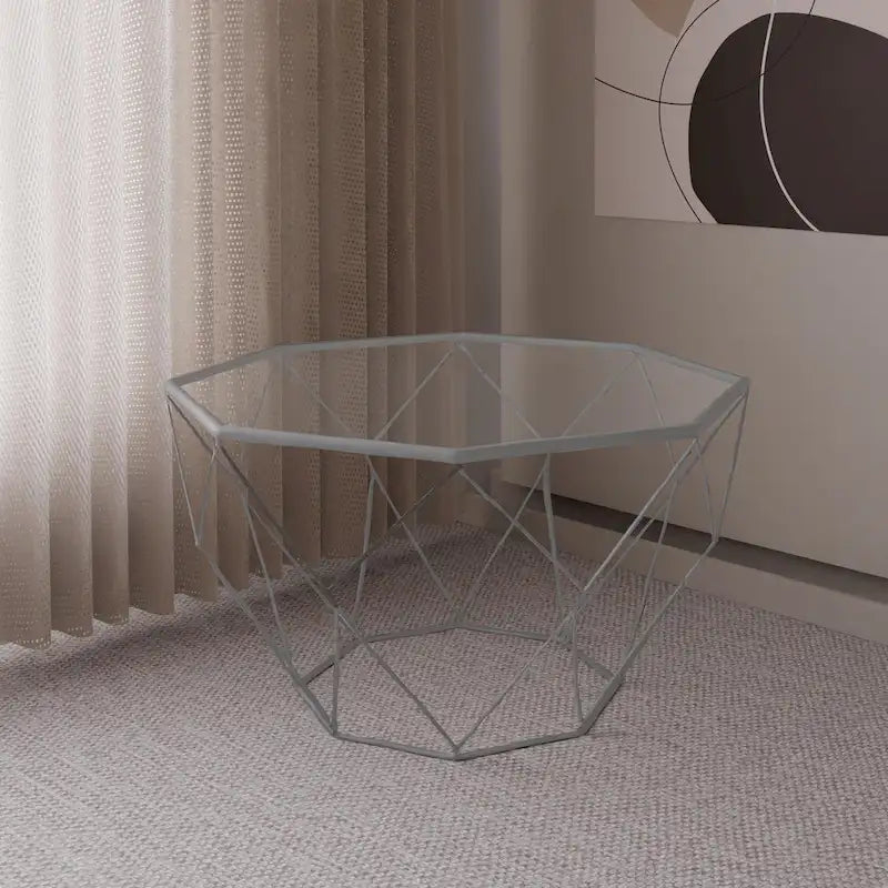 Octagon Coffee Table with Tempered Glass Top & Geometric Metal Base