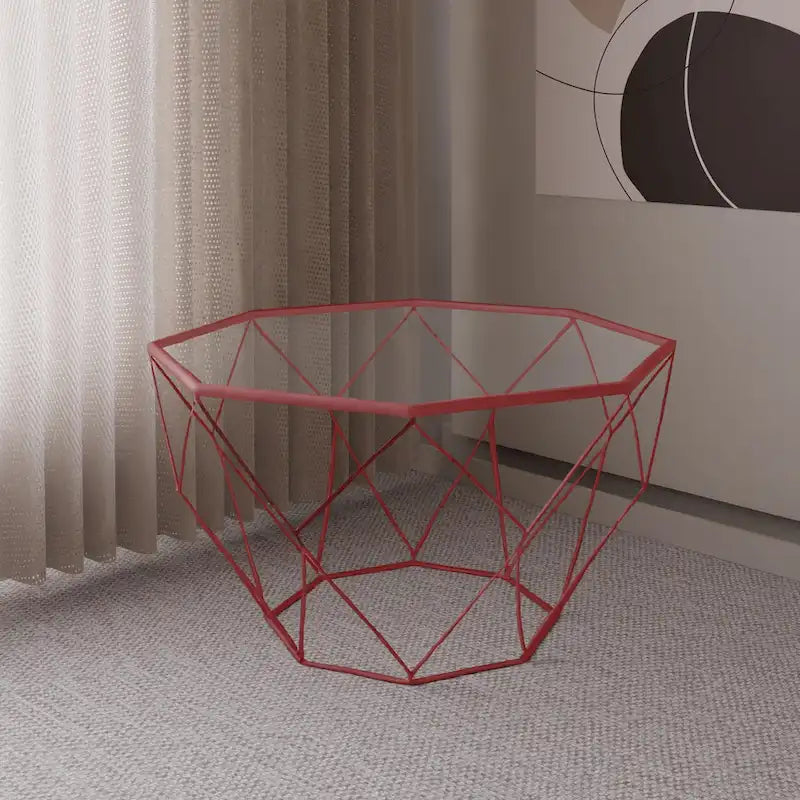 Octagon Coffee Table with Tempered Glass Top & Geometric Metal Base