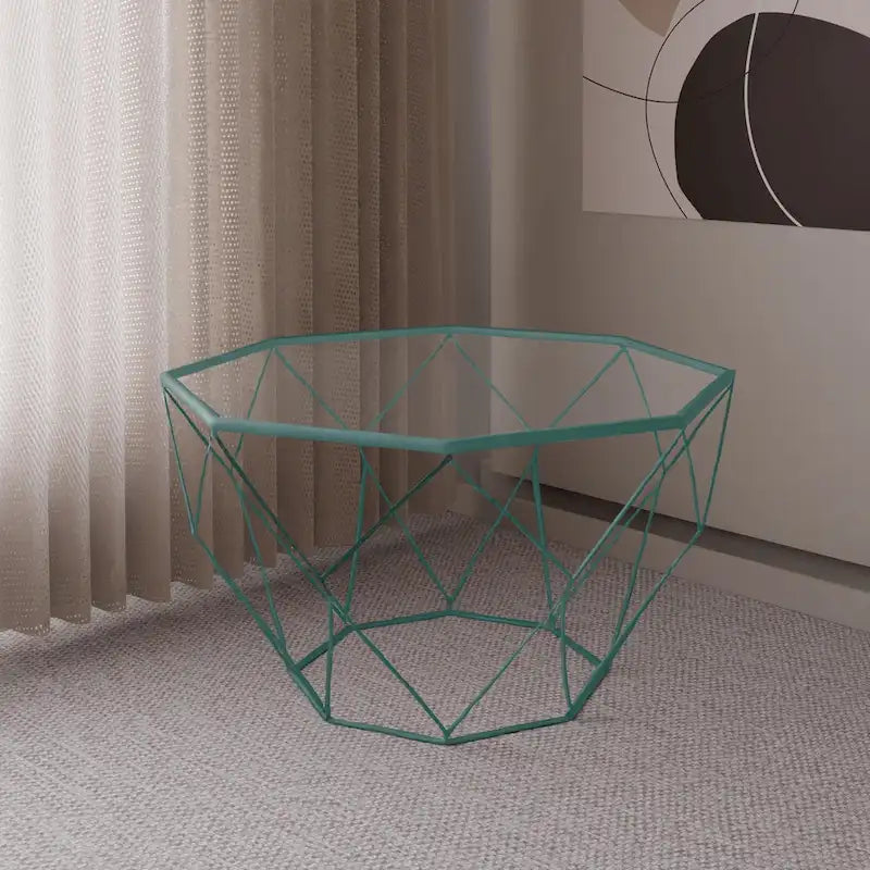 Octagon Coffee Table with Tempered Glass Top & Geometric Metal Base