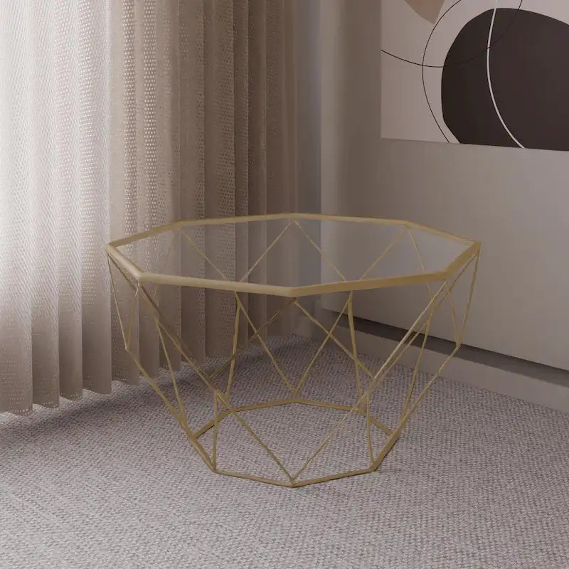 Octagon Coffee Table with Tempered Glass Top & Geometric Metal Base