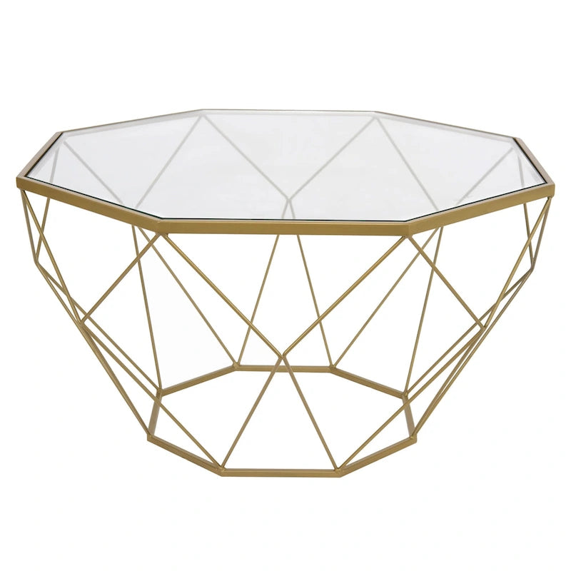 Octagon Coffee Table with Tempered Glass Top & Geometric Metal Base