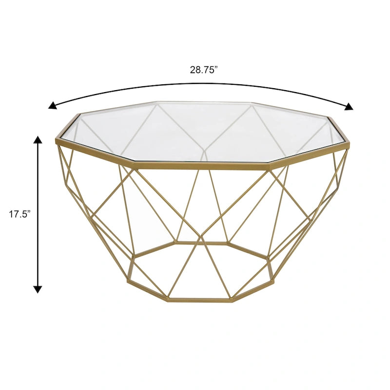 Octagon Coffee Table with Tempered Glass Top & Geometric Metal Base