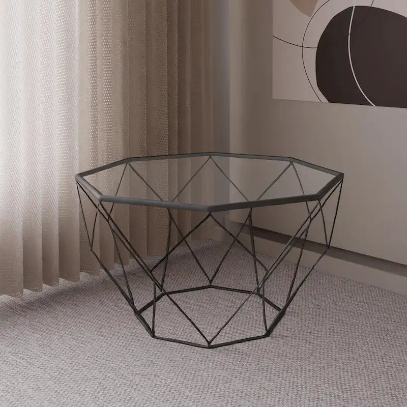 Octagon Coffee Table with Tempered Glass Top & Geometric Metal Base