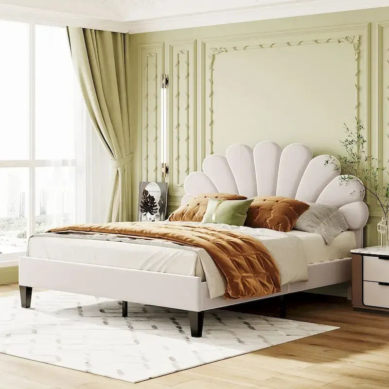 Queen Platform Bed with Petal-Shaped Velvet Headboard & Wood Slat Base