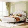 Queen Platform Bed with Petal-Shaped Velvet Headboard & Wood Slat Base