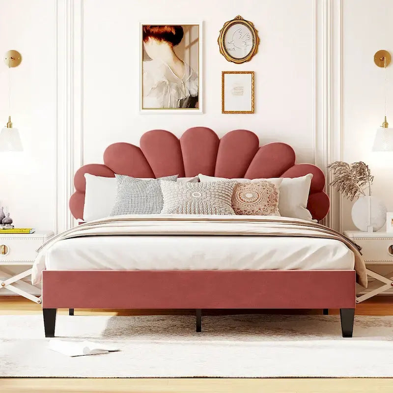 Queen Platform Bed with Petal-Shaped Velvet Headboard & Wood Slat Base