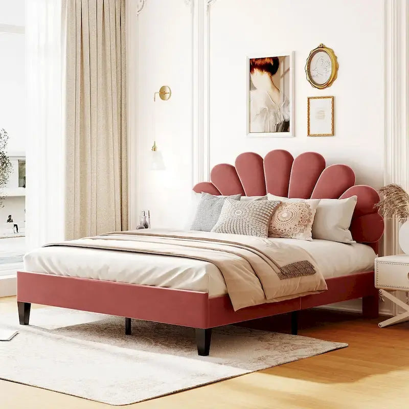 Queen Platform Bed with Petal-Shaped Velvet Headboard & Wood Slat Base
