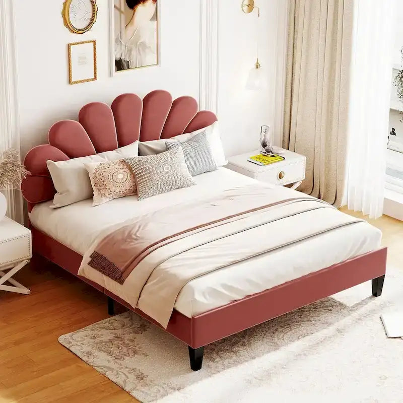Queen Platform Bed with Petal-Shaped Velvet Headboard & Wood Slat Base