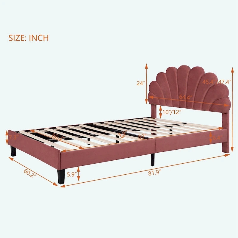 Queen Platform Bed with Petal-Shaped Velvet Headboard & Wood Slat Base