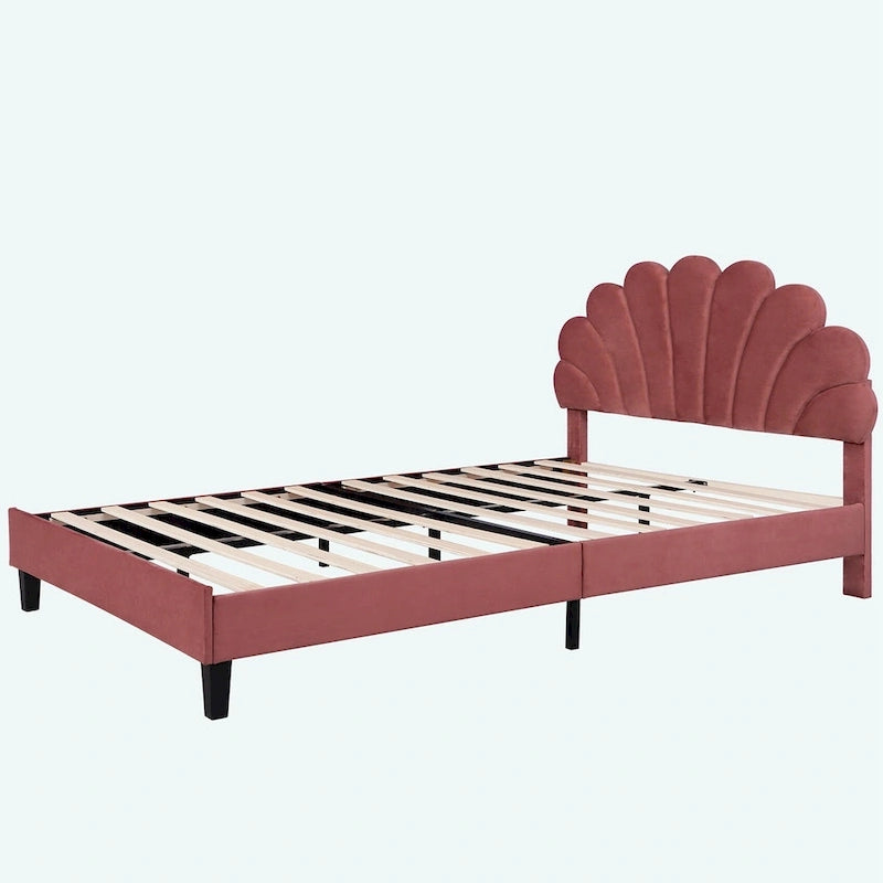 Queen Platform Bed with Petal-Shaped Velvet Headboard & Wood Slat Base