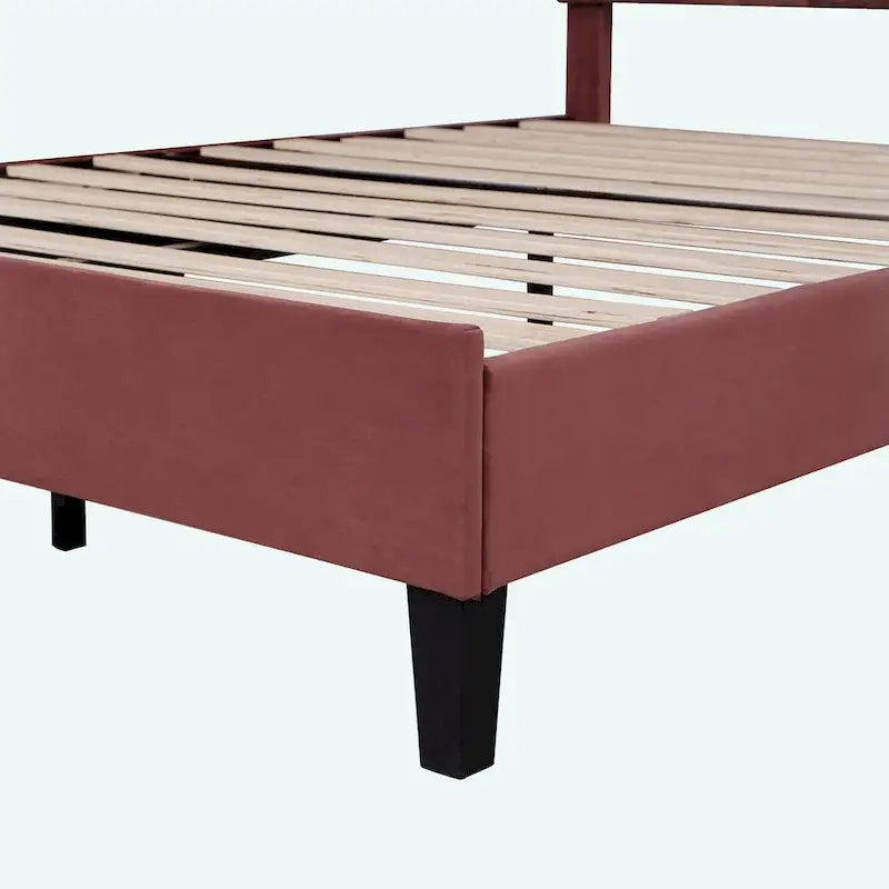 Queen Platform Bed with Petal-Shaped Velvet Headboard & Wood Slat Base