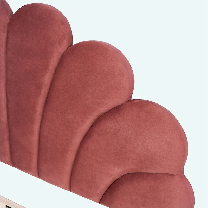 Queen Platform Bed with Petal-Shaped Velvet Headboard & Wood Slat Base